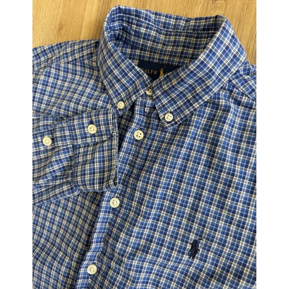 Ralph Lauren‎ Natural Stretch Boys Long Sleeve Button Shirt Blue Plaid 14 16